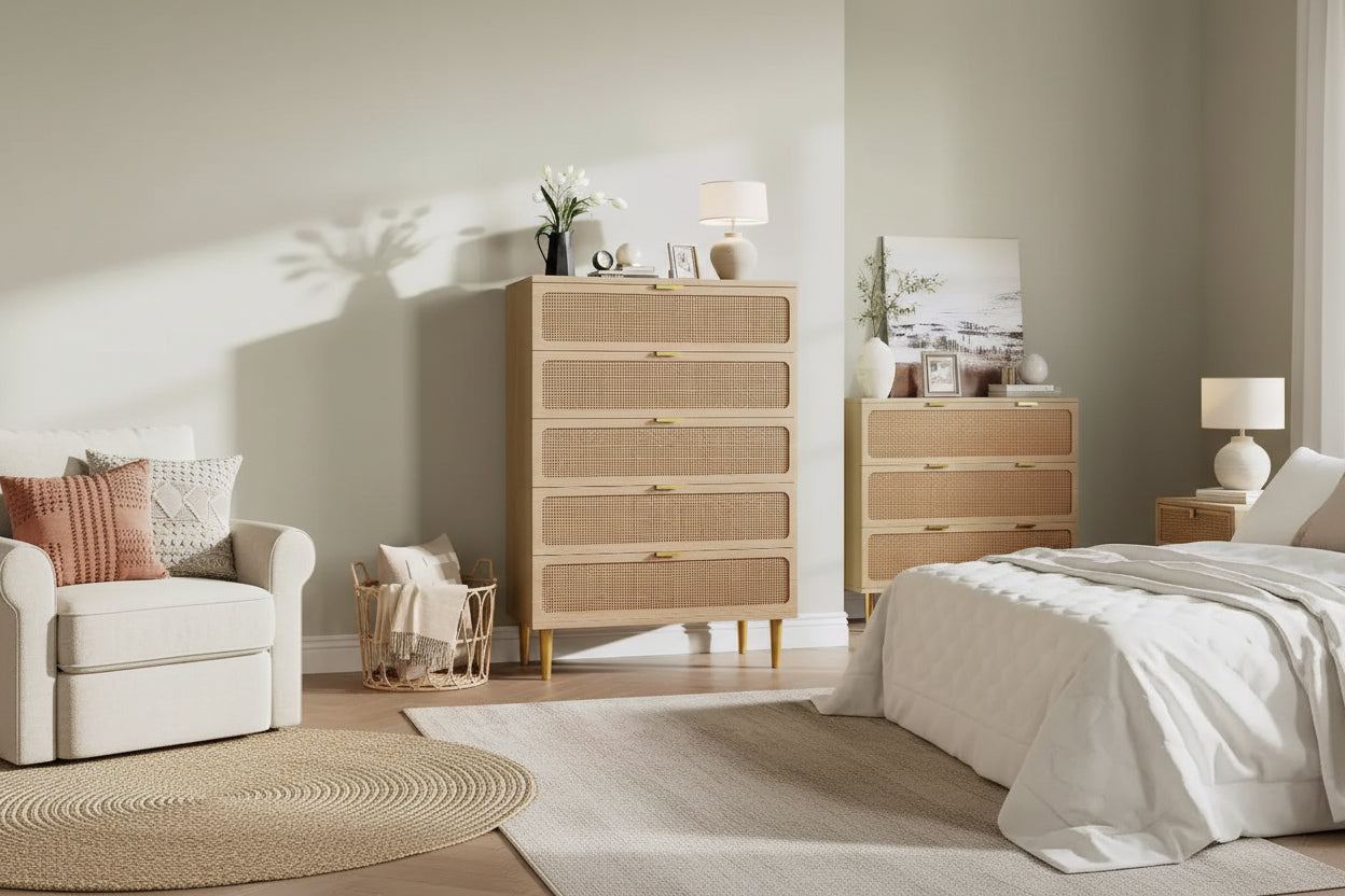 Commode haute en rotin à 5 tiroirs avec plateau large, commode de rangement profonde pour chambre à coucher, salon, placard, finition bois naturel