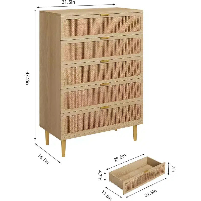 Commode haute en rotin à 5 tiroirs avec plateau large, commode de rangement profonde pour chambre à coucher, salon, placard, finition bois naturel
