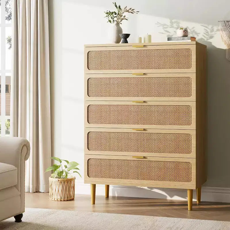 Commode haute en rotin à 5 tiroirs avec plateau large, commode de rangement profonde pour chambre à coucher, salon, placard, finition bois naturel