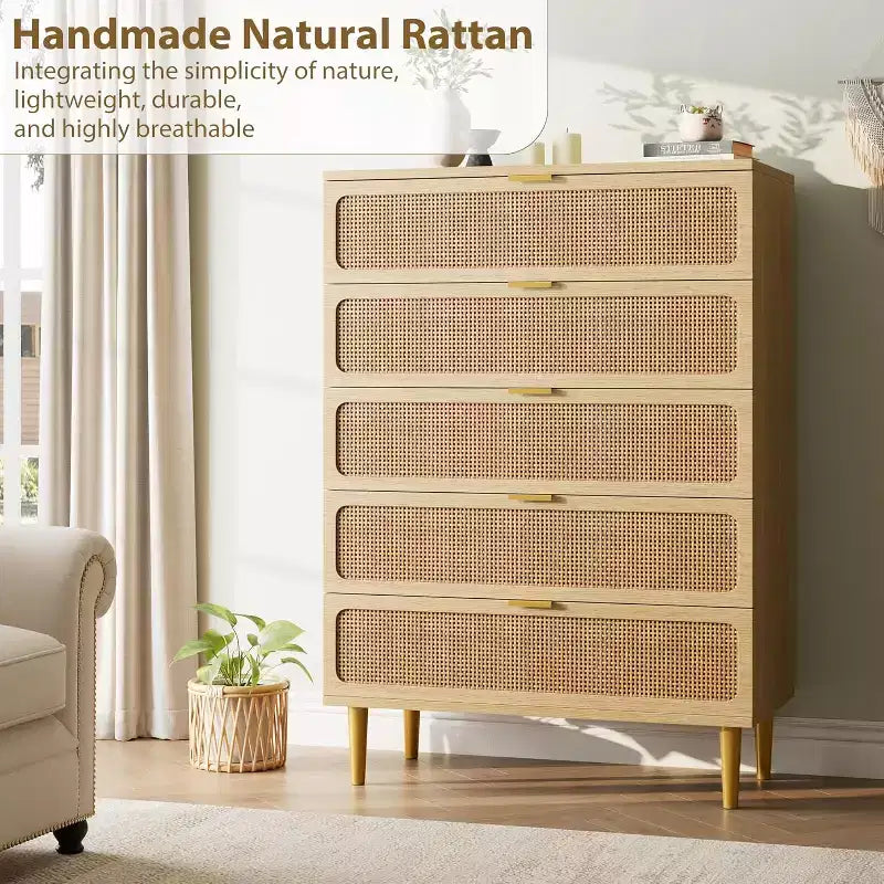 Commode haute en rotin à 5 tiroirs avec plateau large, commode de rangement profonde pour chambre à coucher, salon, placard, finition bois naturel