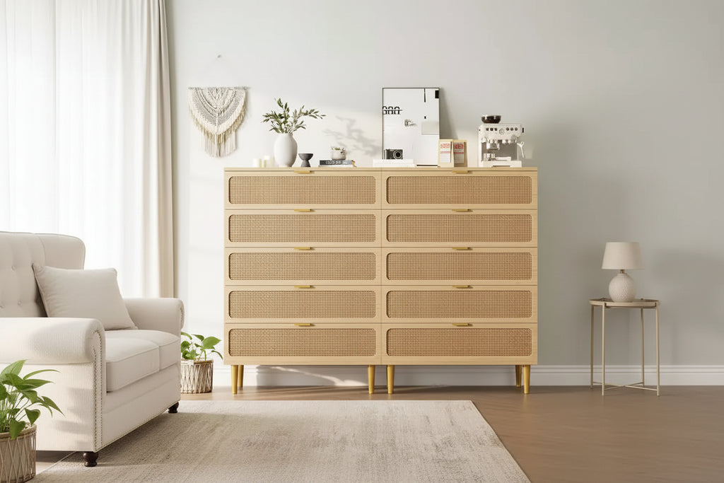 Commode haute en rotin à 5 tiroirs avec plateau large, commode de rangement profonde pour chambre à coucher, salon, placard, finition bois naturel