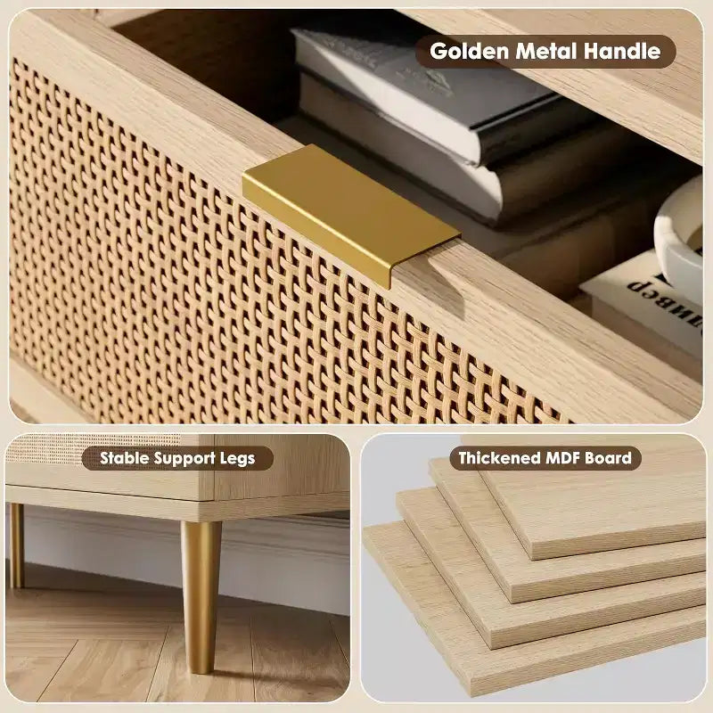 Commode haute en rotin à 5 tiroirs avec plateau large, commode de rangement profonde pour chambre à coucher, salon, placard, finition bois naturel
