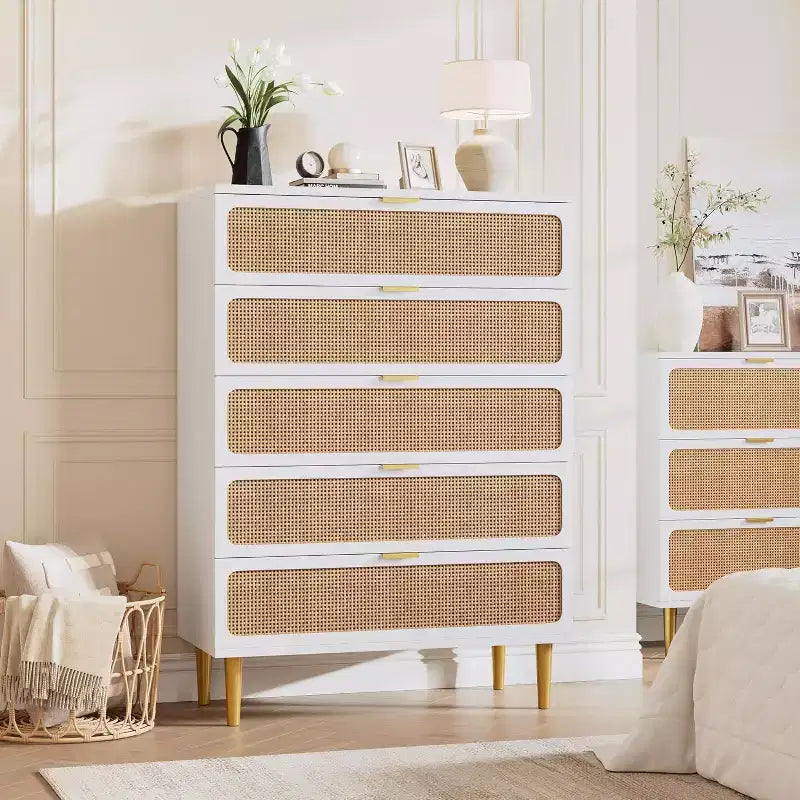 Commode haute en rotin à 5 tiroirs avec plateau large, commode de rangement profonde pour chambre à coucher, salon, placard, finition bois naturel