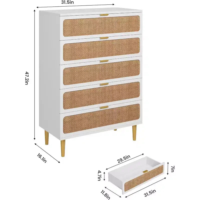 Commode haute en rotin à 5 tiroirs avec plateau large, commode de rangement profonde pour chambre à coucher, salon, placard, finition bois naturel