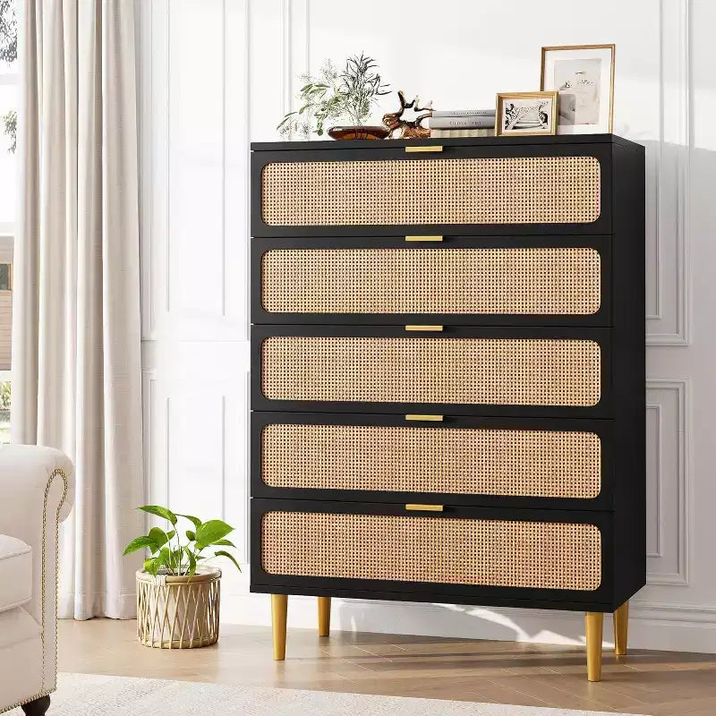 Commode haute en rotin à 5 tiroirs avec plateau large, commode de rangement profonde pour chambre à coucher, salon, placard, finition bois naturel