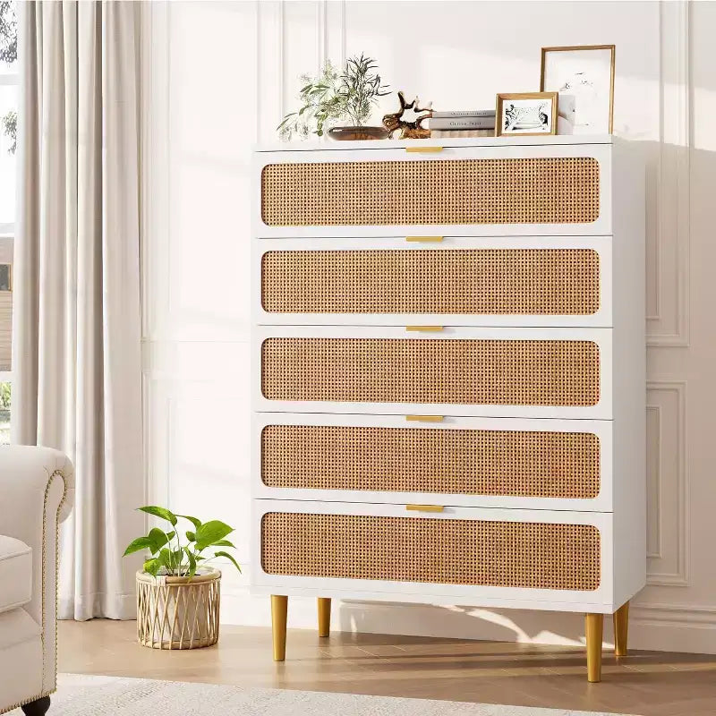 Commode haute en rotin à 5 tiroirs avec plateau large, commode de rangement profonde pour chambre à coucher, salon, placard, finition bois naturel