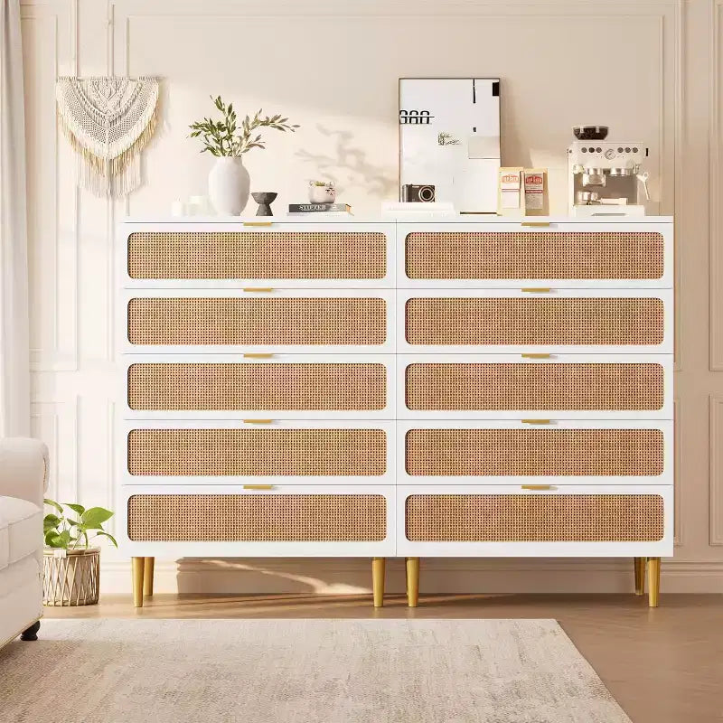 Commode haute en rotin à 5 tiroirs avec plateau large, commode de rangement profonde pour chambre à coucher, salon, placard, finition bois naturel