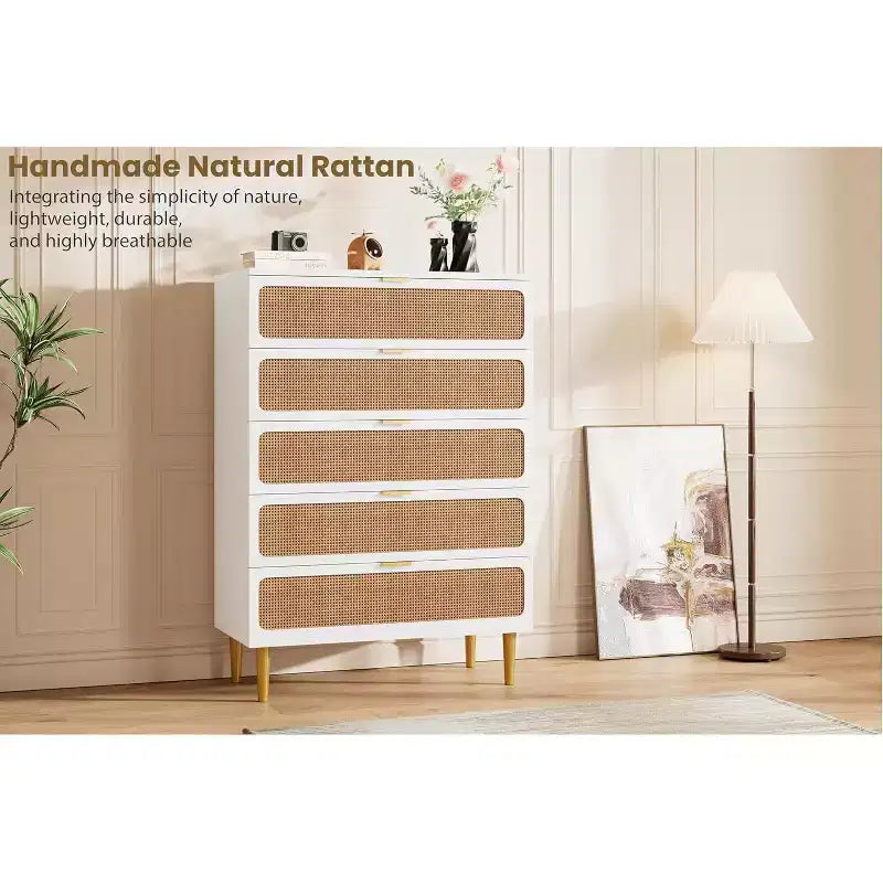 Commode haute en rotin à 5 tiroirs avec plateau large, commode de rangement profonde pour chambre à coucher, salon, placard, finition bois naturel