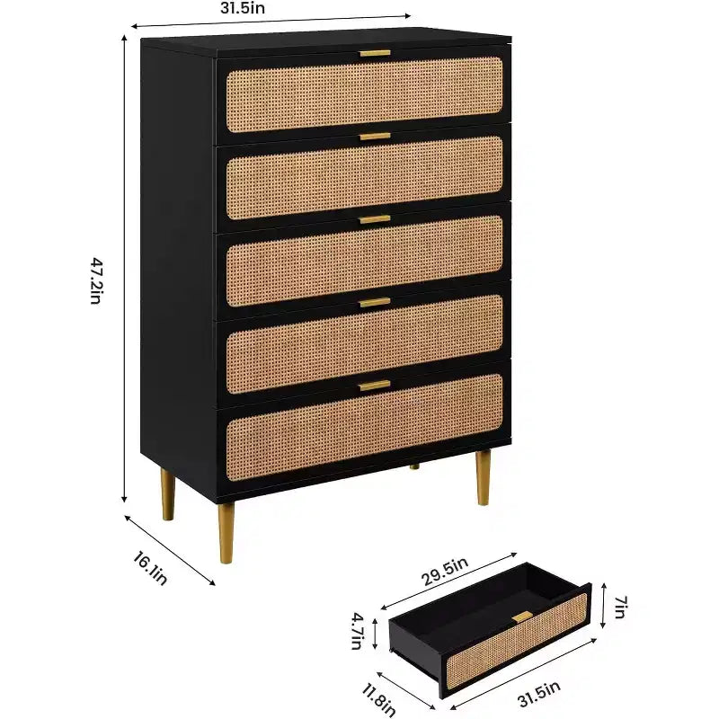 Commode haute en rotin à 5 tiroirs avec plateau large, commode de rangement profonde pour chambre à coucher, salon, placard, finition bois naturel