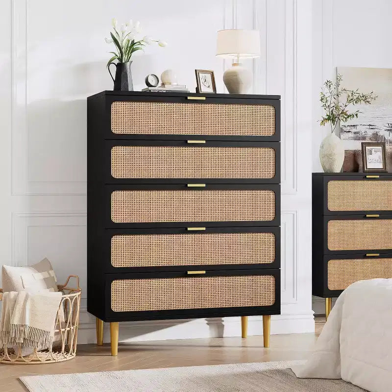 Commode haute en rotin à 5 tiroirs avec plateau large, commode de rangement profonde pour chambre à coucher, salon, placard, finition bois naturel