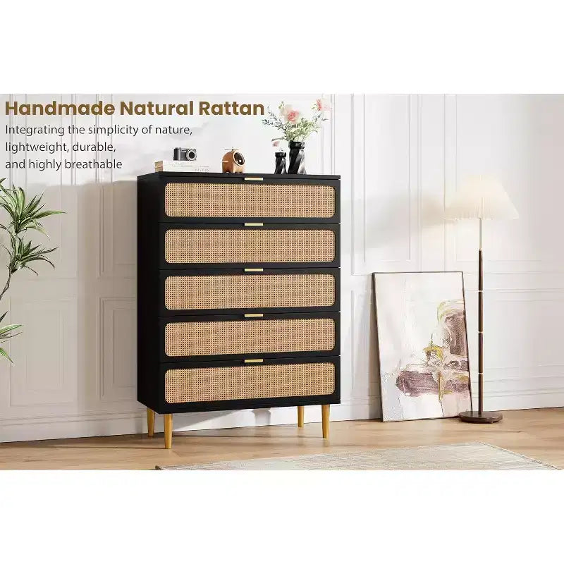 Commode haute en rotin à 5 tiroirs avec plateau large, commode de rangement profonde pour chambre à coucher, salon, placard, finition bois naturel