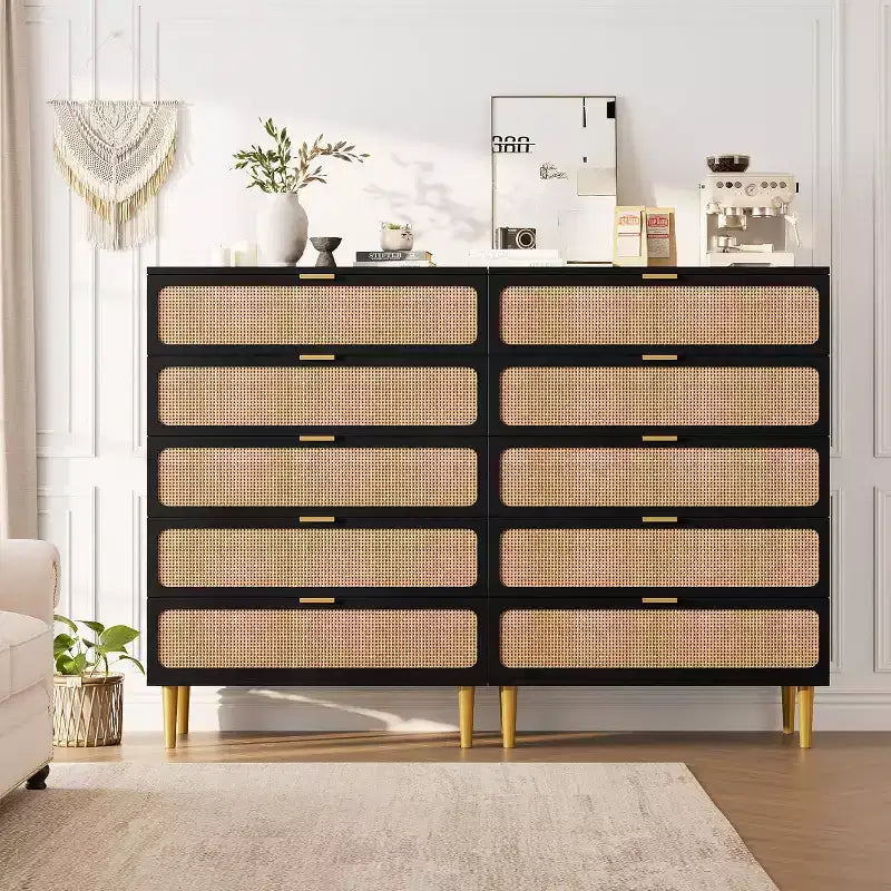 Commode haute en rotin à 5 tiroirs avec plateau large, commode de rangement profonde pour chambre à coucher, salon, placard, finition bois naturel