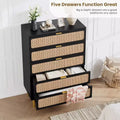 Rattan 5-Drawer Tall Dresser with Wide Top, Deep Storage Chest for Bedroom, Living Room, Closet, Natural Wood Finish