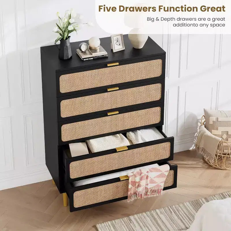 Rattan 5-Drawer Tall Dresser with Wide Top, Deep Storage Chest for Bedroom, Living Room, Closet, Natural Wood Finish