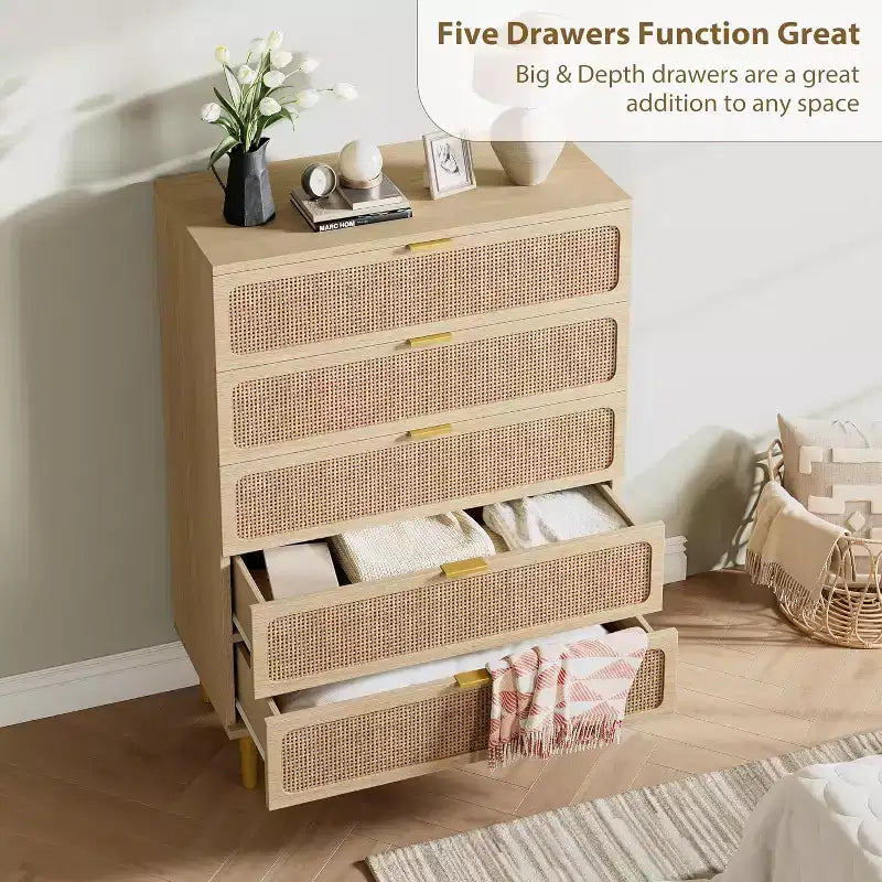 Commode haute en rotin à 5 tiroirs avec plateau large, commode de rangement profonde pour chambre à coucher, salon, placard, finition bois naturel